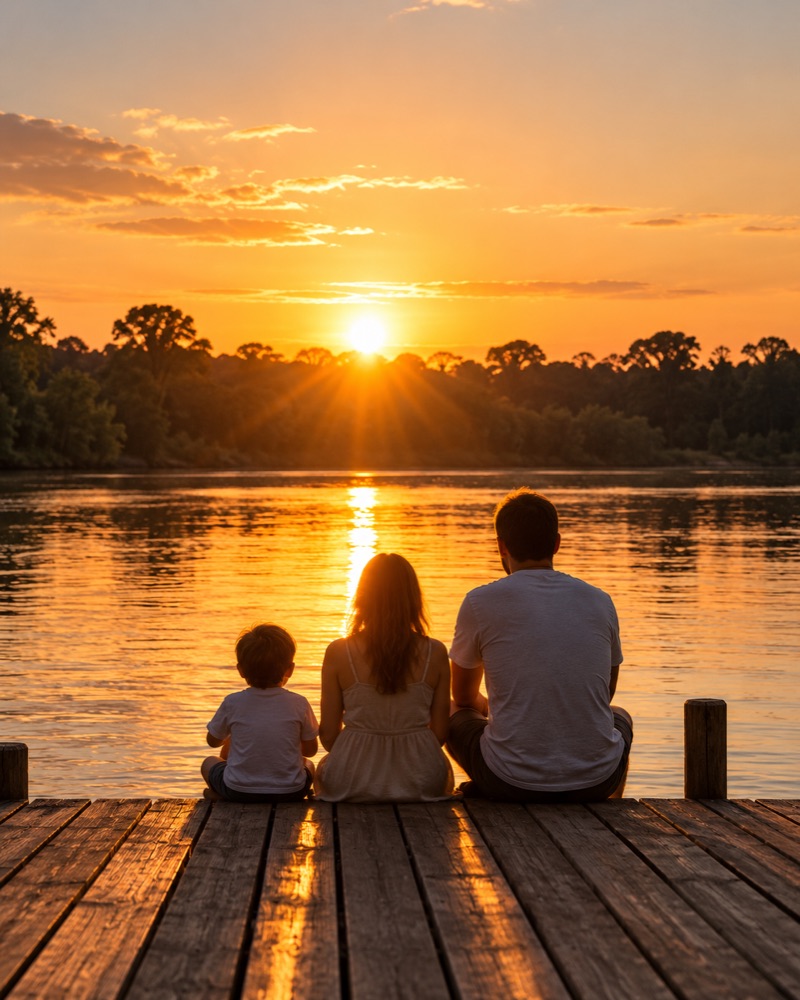 Família reunida à beira do Rio Ivaí ao pôr do sol