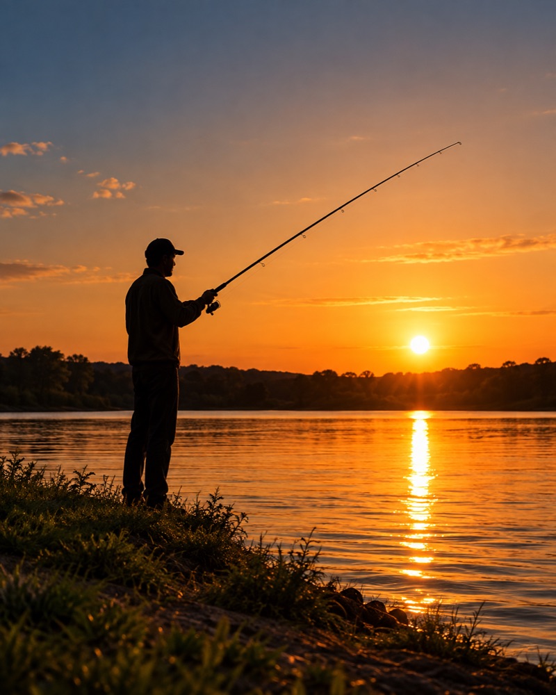 Pessoa pescando à beira do rio ao entardecer